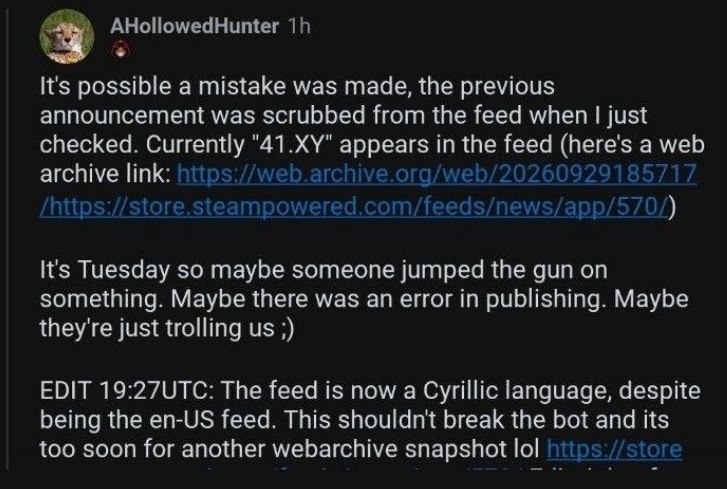 Вангую, что могут начать форсить, якобы ночью Valve загрузили новость про 7.41xy, а потом удалили