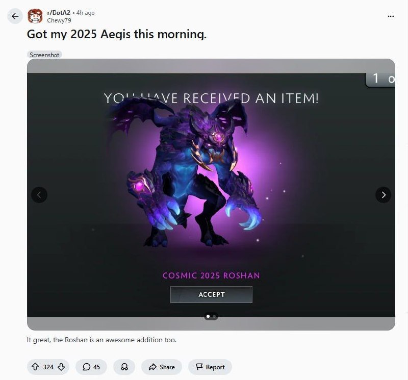 Обладатели аегисов так же получают скин Рошана, как и прогнозировал. Пока неизвестно как, но думаю, ...